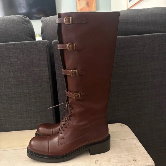 Jeffrey Campbell Moss Boot Brown Knee-High Distressed Leather Size 8 NWT